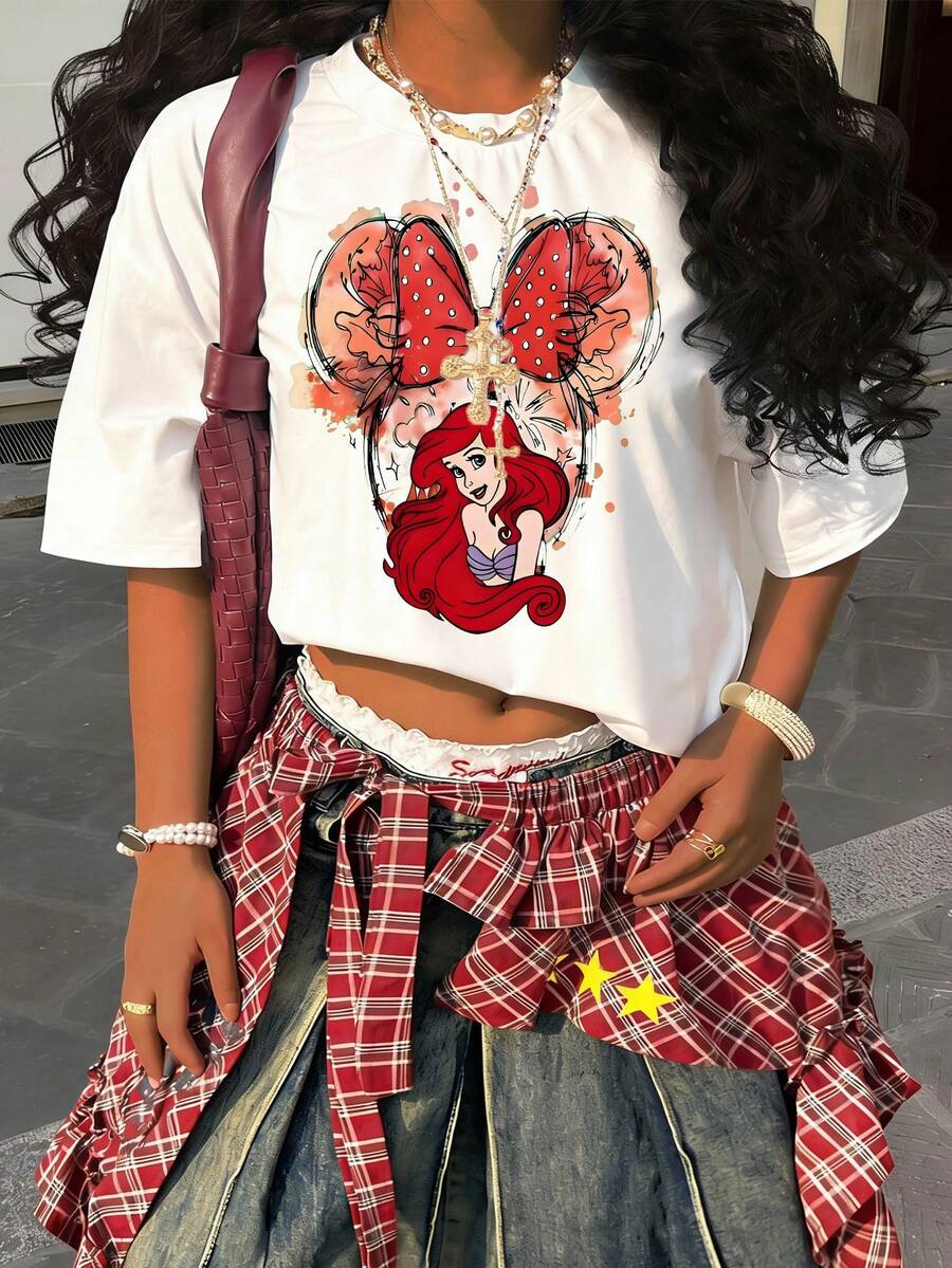 Disney Y2K Style Classic Characters Heart Glasses Cool & Cute Short Sleeve T-Shirt - 白色 - 查看 1