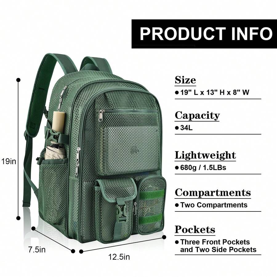 Mesh Backpack 36L Large Heavy Duty Casual Daypack For School And Outdoor Activities With Inner Laptop Compartment, Durable Polyester Material - Xanh lá cây đậm 34L - Xem 1