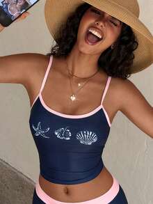 2026 女士海军蓝粉色夏威夷风吊带泳衣上装，适合日常穿着、外出、健身、春假、Y2K风格、街头风、度假、音乐节、泳池派对等场合。 - 彩色 - 查看 1