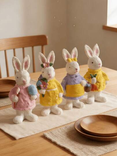 1pc Cute Hand-Painted Colorful Sweater Rabbit Figurine With Flowers And Carrots, Suitable For Spring Holiday Home Desktop Decor, Party Gift Display