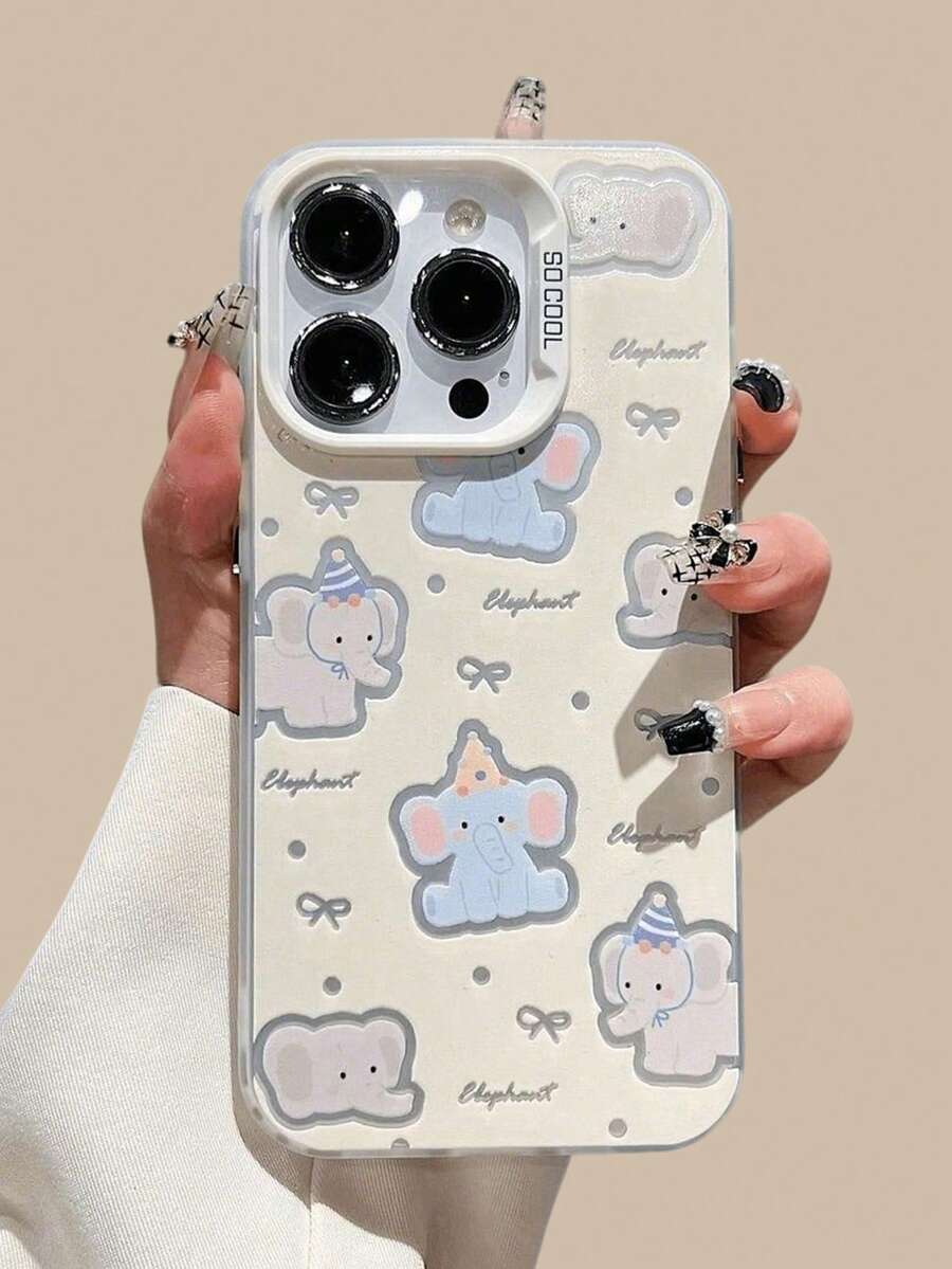 1pc Colorful Silver Cartoon Cute Elephant Shockproof Full Coverage Phone Case Suitable For IPhone11/12/13/14/15/16/17/PROMAX - White - View 1
