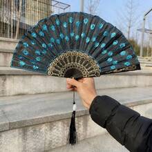 1把夏季孔雀羽毛折扇，手工扇，刺绣扇，黑色手柄刺绣亮片扇，塑料扇 - 扇 - 查看 5