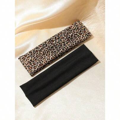 2pcs Leopard Print & Solid Color Headbands, Retro Streetwear Style, Versatile For Boys & Girls, Daily Wear, Parties