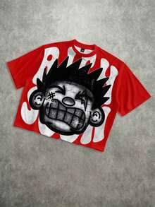 Camiseta suelta y corta de alta calidad con estampado de cara grande y dientes de diamante distorsionados y divertidos de Manfinity Roghcode para hombres - Rojo - Ver 2
