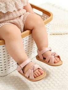 Neugeborene Säuglings Mädchen Jungen Sommer Sandalen Outdoor-Leisure Strandschuhe mit Blumen Schleife rutschfeste Sohle Kleinkind Laufschuhe - Pink - Übersicht 3