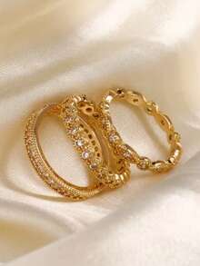 Bộ 3 chiếc nhẫn xếp chồng thời trang, thích hợp để đeo hàng ngày, dự đám cưới và làm quà tặng cho bạn gái. - Vàng - Xem 4