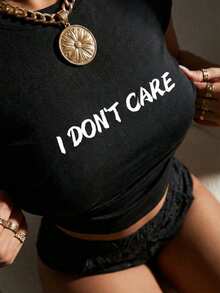 A Cropped, Round-Neck, Fitted T-Shirt With An "I Don't Care" Graphic, Perfect For Spring And Summer. Ideal For A Casual, Vacation, Or Office Look. - màu đen - Xem 1