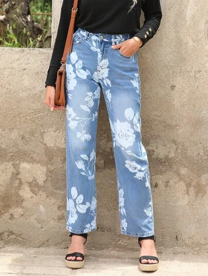 Pantalones vaqueros anchos rectos con estampado floral para mujer, para viajes casuales