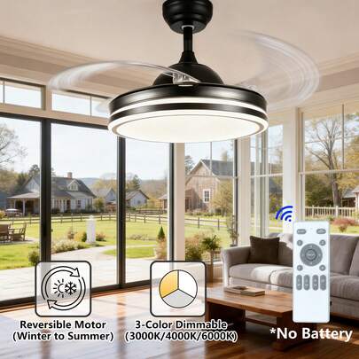 42 Inch Ceiling Fan With Light, 72W LED 3 Color Dimmable, Remote Control 6 Speeds, Pure Copper Motor Invisible Fan Light For Living Room Bedroom 20-35㎡