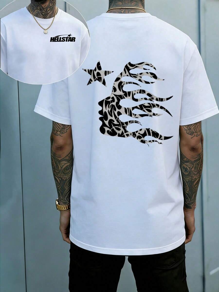 Hellstars  Fire Hair Star Vintage T-Shirt Double Sided Printed (220g 100% Cotton T-Shirt),Summer Clothes, Men's Tops, Casual And Comfortable, Fashionable Graphic Tee, Unisex Style - White - View 1