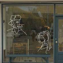 梵高与珍珠女孩抽象画风格手绘肖像，名画线条艺术橱窗展示玻璃墙贴 - 彩色 - 查看 3