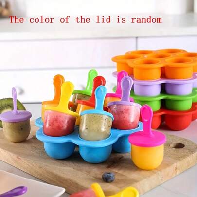 1 Pc 7-Cavity Silicone Popsicle Mold - DIY Fruit Shake Maker With Easy-Pull Handle And Drip Tray, Bright Colors, For Homemade Popsicles, Ice Cream, Smoothies - Summer Kitchen & Ice Cream Accessories