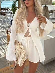 Women's Solid Color Minimalist Casual Vacation 2 Pieces Set White Spring - White - View 1