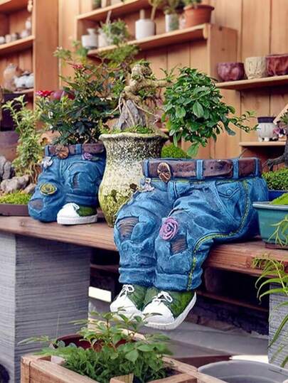Whimsical Blue Denim Jeans Planter , Rustic Resin Pants-Shaped Flower Pot With Floral Accents, Creative Garden Decor For Patio, Lawn, Balcony, Living Room Shelf, Ideal Gift For Plant Lovers, Housewarming & Birthday, Boho Accent For Outdoor & Indoor Use