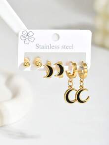6 pièces Set de boucles d'oreilles pendentif lune minimaliste en acier inoxydable, ensemble de bijoux polyvalents pour un port quotidien pour femmes - multicolore - Voir 3