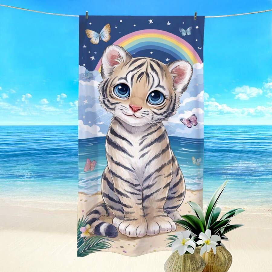 1 pièce Serviette de plage avec design chat imprimé arc-en-ciel et papillon, serviette super absorbante et séchage rapide pour la natation, couverture de plage douce, convient pour la plage, la natation, l'extérieur, les voyages, un élément essentiel pour la plage - C - Voir 1