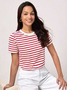 SHEINBASICSS Camiseta con Estampado de Rayas/Verano - Rojo y blanco - Ver 5