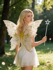 Adult Costume Of Fairy Wings, Shiny And Transparent Wings, Butterfly Fairy Halloween Outfit, Angel Wings, Elf Wings (With Wings And Star Wand) - Multicolor - View 6