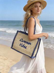 时尚休闲百搭纯色度假旅行购物大容量草编手提单肩包 - 藍色 - 查看 3