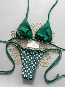 Bộ bikini hai mảnh họa tiết hình học dành cho nữ giới châu Âu và Mỹ năm 2025, thích hợp cho kỳ nghỉ hè trên bãi biển. - màu xanh lá - Xem 2