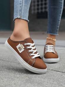 Giày mule vải bố dành cho nữ, giày thể thao xỏ chân, dép vải bố màu trơn thời trang và thoải mái, giày thường ngày cho nữ. - màu nâu - Xem 1
