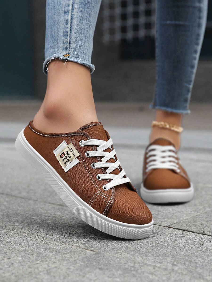 Giày mule vải bố dành cho nữ, giày thể thao xỏ chân, dép vải bố màu trơn thời trang và thoải mái, giày thường ngày cho nữ. - màu nâu - Xem 1