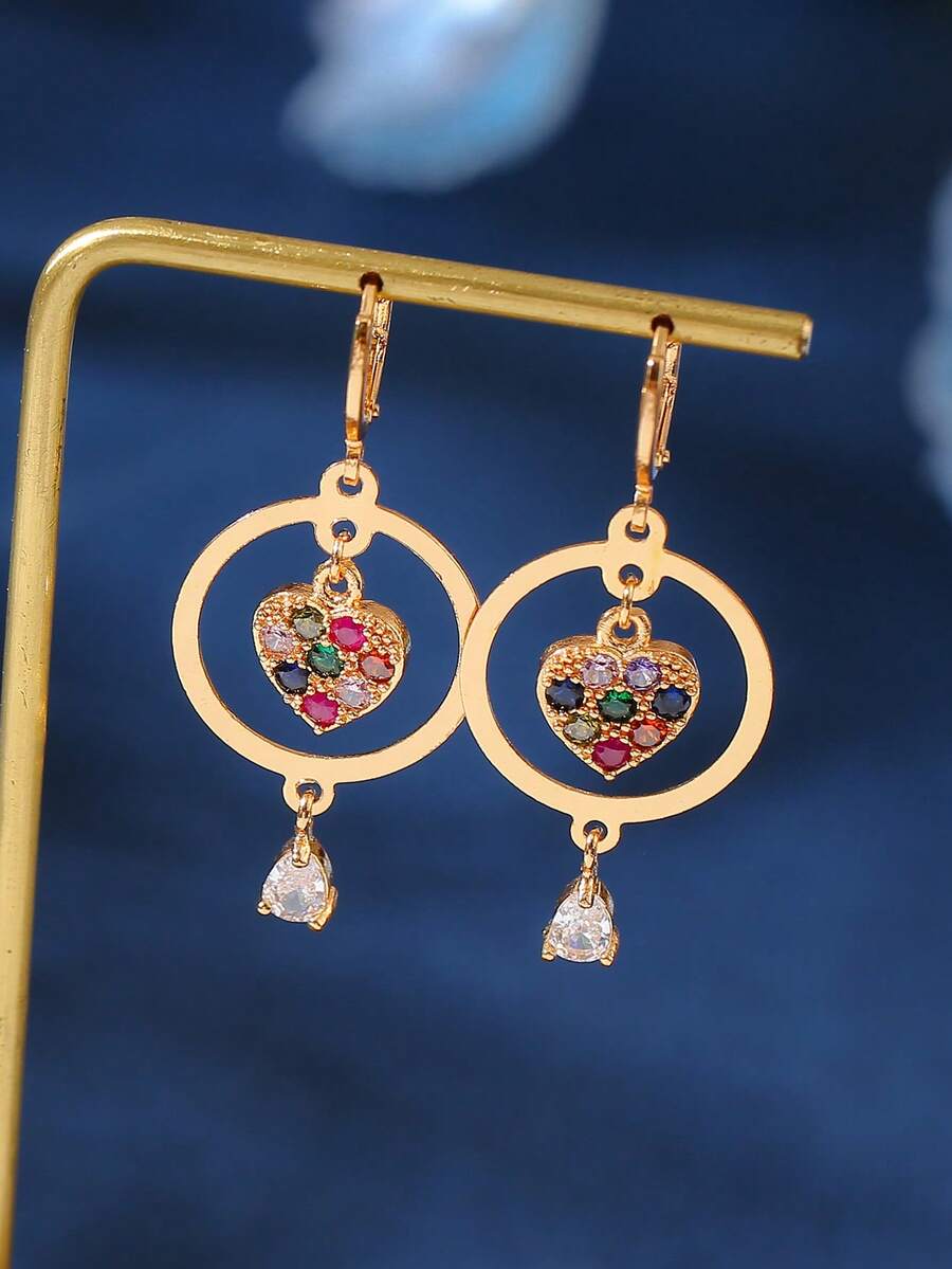 一对奢华铜质镶锆石心形亮片长耳环，适合日常、派对、宴会佩戴，精美礼品。 - 金色 - 查看 1