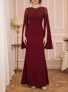 Vestido de estilo árabe con mangas extra largas, elegante y con abalorios para mujer - Burdeos - Ver 2