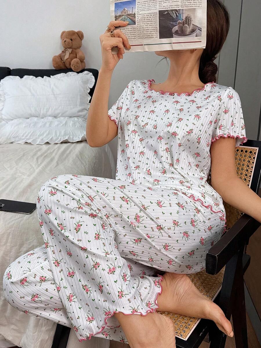 Dreamivo 针织可爱碎花长袖上衣和裤子,浪漫碎花睡衣套装(女士款) - 白色 - 查看 1
