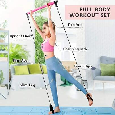 Colorful Resistance Bands Pilates Fitness Bar Set, Made Of Stainless Steel, Designed For Women. Suitable For Home Workouts, Yoga, Squats And Full-Body Shaping. Lightweight And Easy To Assemble, Portable, Ideal For Gym Accessories As Well As Christmas And New Year Gifts.