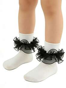 1 Pair Girls/Toddlers Lace Trim Socks, Princess Baby Ruffle Dress Socks - Black - View 2