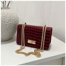 Faux Leather Solid Color Crocodile Embossed Fashion Mini Chain Crossbody Bag - Burgundy - View 3