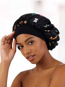 蝴蝶印花缎面睡帽 女士夜间发帽 柔软宽边发套 卷发护理 - 彩色 - 查看 3