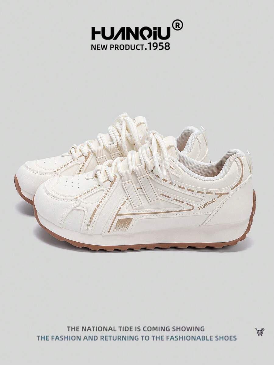 HUANQIU 2026 New Style Women's Shoes, Women's Sneakers, Thick-Soled Casual Shoes, Fashionable , Easy-Matching, Lightweight, Comfortable, Lace-Up, Soft-Soled Casual Shoes, Running Shoes, Beige, All-Season Shoes - Beige - View 1