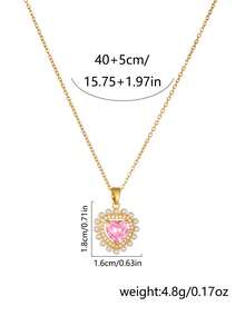 1件女士项链，铜镶嵌锆石珍珠心形吊坠项链，百搭日常佩戴叠戴配饰 - 金黃色 - 查看 3