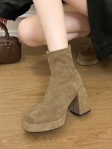 Botas de tobillo con plataforma y punta redonda para mujer, botas de tobillo con tacón grueso y cremallera para otoño/invierno - Caqui - Ver 4