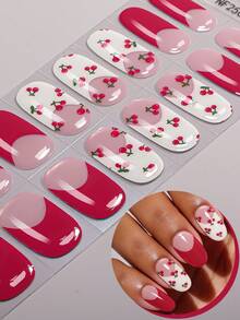 Bộ 16 miếng dán móng tay gel bán khô màu rượu vang trong suốt, họa tiết quả anh đào, kiểu dáng dễ thương, tự dính, dễ sử dụng, phù hợp cho phụ nữ và bé gái tự làm móng tại nhà. - Màu Hồng Tươi - Xem 11