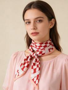 1pc 65*65cm Square Scarf, Women's Satin Silk Imitation Wavy Checkerboard Print, Versatile Neckerchief Headband Shawl - Multicolor - View 1