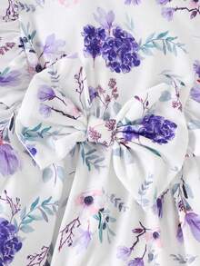 4pcs/Set Baby Girls' Summer Solid Color Ruffle Trim Bow Romper & Solid Color Bow & Floral Print Bow Romper Combination Set - Multicolor - View 8