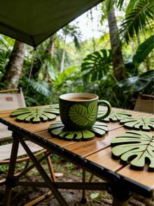 4pcs Monstera Leaf Wooden Coasters, Tropical Plant Shaped Heat-Resistant Non-Slip Drink Mats, Anti-Scald Tabletop Protection Pads, Suitable For Cups And Plates, Ideal Thanksgiving Christmas Home Tabletop Decor Gift - Multicolor - View 11