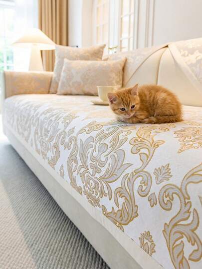 1件高精度提花编织沙发垫，美式豪华宫廷风格，宠物友好型防污防滑沙发套，春秋季防刮沙发保护套，适用于L型组合沙发和1/2/3/4座沙发（单独出售）