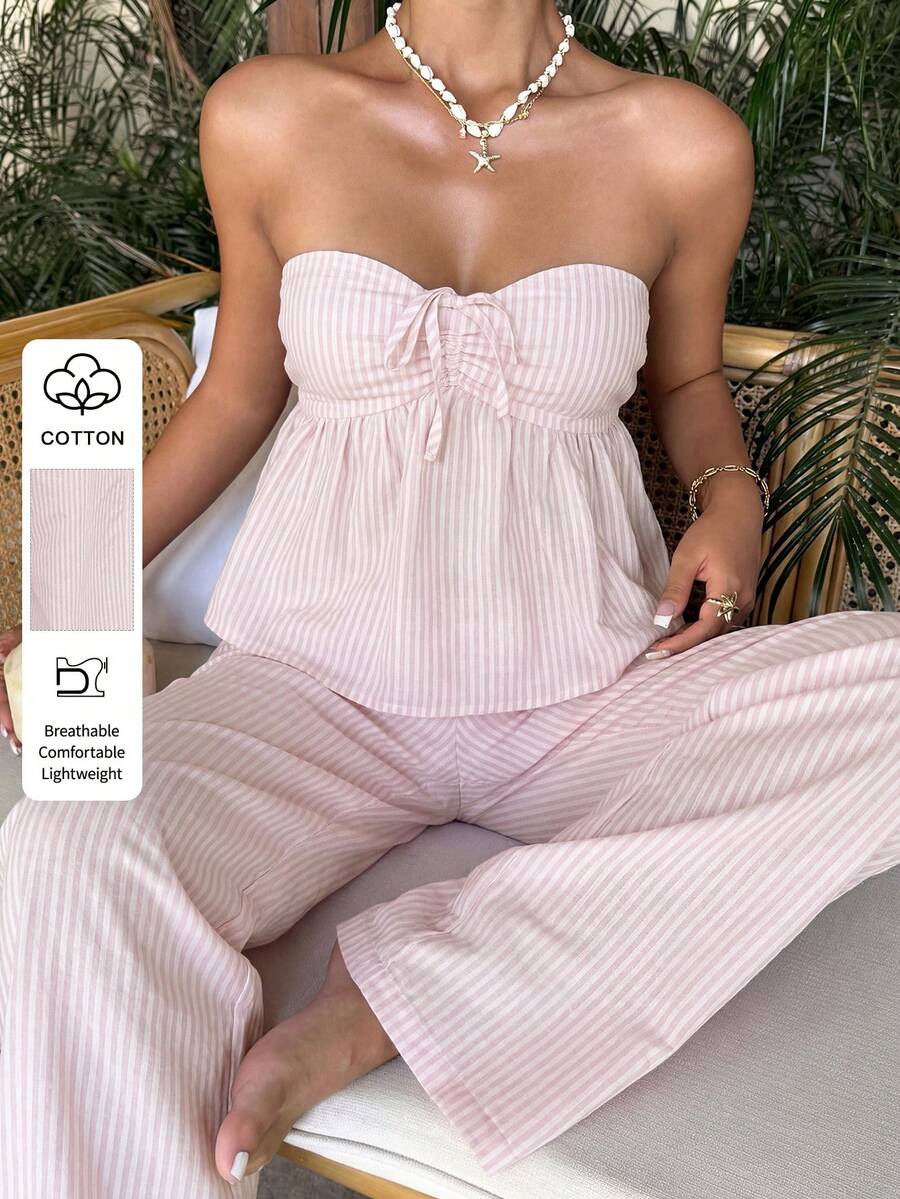 Women's Summer Pink Stripe Cotton Two Pieces Sexy Y2K Smokey Tank Top And Loose Straight Wide Leg Pant Suit For Casual Commuting Vacation - Pink - View 1