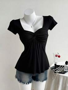 AITYI 女士T恤，时尚设计，性感上衣，黑色，常规版型，春夏款，扭结设计，沙滩装，高弹力，舒适，毕业季休闲上衣 - 黑色 - 查看 1