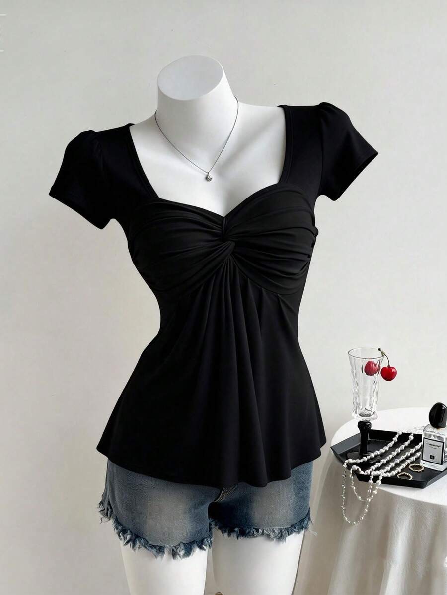 AITYI 女士T恤，时尚设计，性感上衣，黑色，常规版型，春夏款，扭结设计，沙滩装，高弹力，舒适，毕业季休闲上衣 - 黑色 - 查看 1