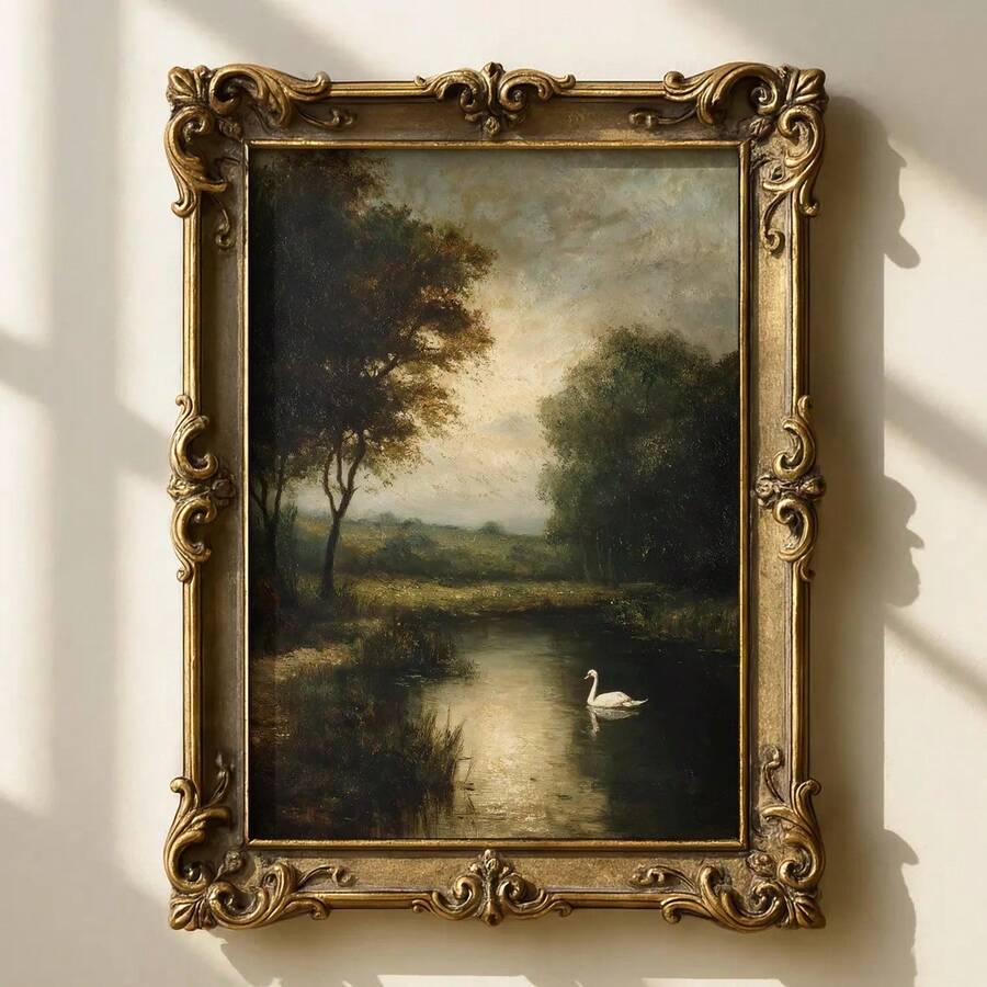 1 bức tranh phong cảnh rừng Thiên Nga cổ điển (có khung/không khung) in trên vải canvas, phong cách retro u ám, học thuật tối tăm, trang trí nhà nông thôn, nhà tranh cổ điển cho căn hộ, phòng khách, phòng ngủ, trang trí nhà hiện đại. - A - Xem 1
