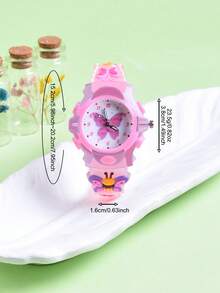 2pcs/Set Gift Cartoon Kids Cute Glowing Butterfly Soft Silicone Strap Pointer Quartz Watch, Creative Pattern For Girl Student - Pink - View 4