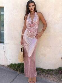 优雅性感针织露背深V领无袖派对连衣裙 - 粉色 - 查看 2