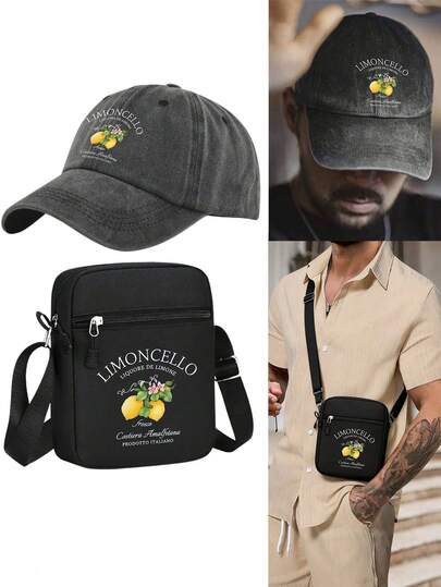 1pc/2pcs "Holidaya Limoncello, Amalfi Coast Italy Lemons" Lemon Print Unisex Vintage Washed Baseball Cap And Bag, Adjustable, Personalized Streetwear Fashion, Suitable For Work Commute, Campus, Outdoor Sports, Travel, Casual Matching, Gift For Yourself Or Friends