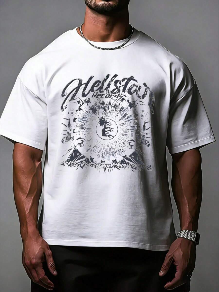 Hellstars Records World On Fire Y2K Graphic T-Shirt,220g 100% Cotton,Round Neck Short Sleeve,White Streetwear Essential For Summer Going Out,Unisex Style - 白色 - 查看 1