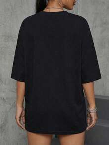 Women's Loose Graphic T-Shirt, Lips & Cross Print, Rhinestone Teeth Grillz, Y2K Hip-Hop Streetwear, Soft Breathable Fabric Casual Summer Top - Black - View 5